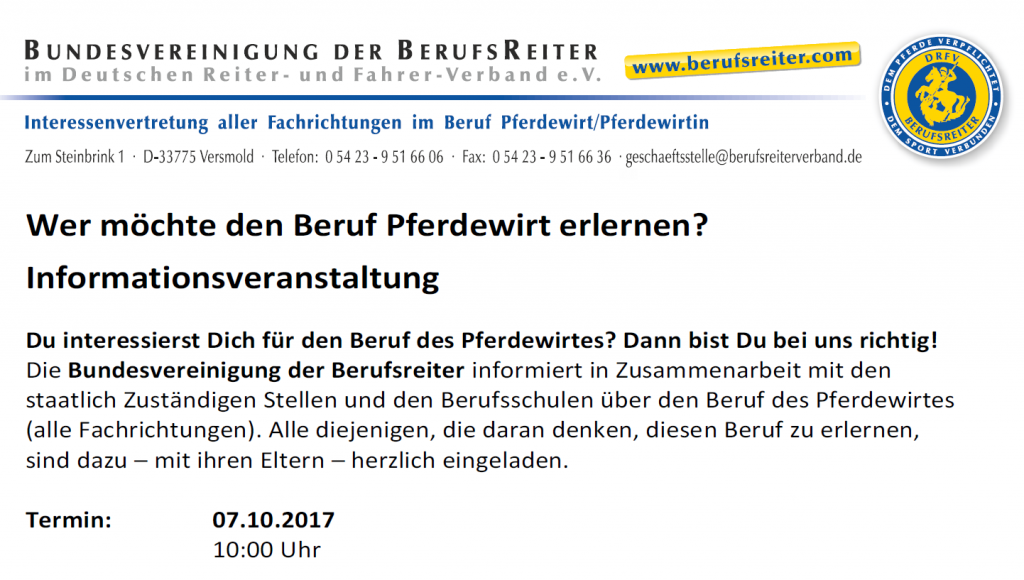 Beruf Pferdwirt - Informationsveranstaltung der Berufsreiter im DRFV am 07. Oktober 2017