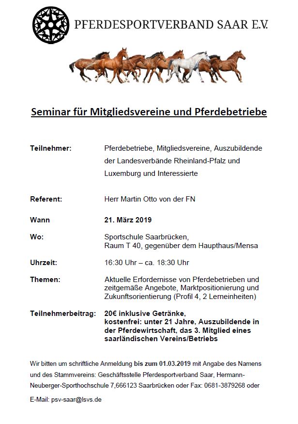 Seminar für Pferdebetriebe - Der PSV Saar lädt auch Rheinland-Pfälzer herzlich ein!