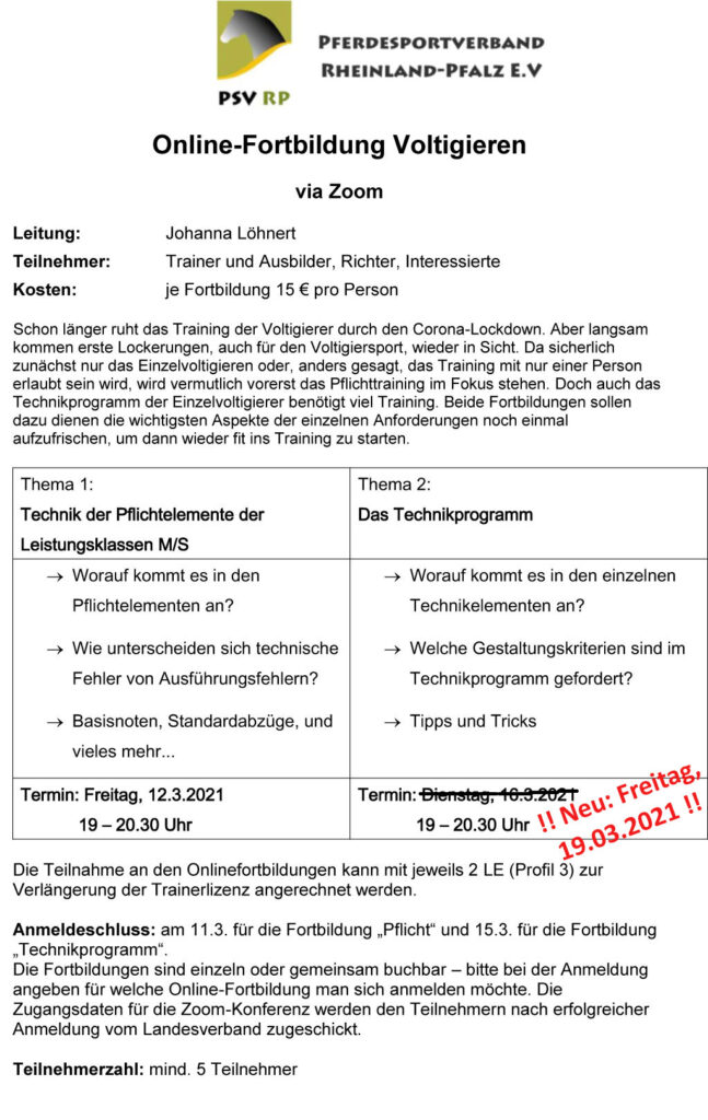 Online-Fortbildungen Voltigieren für Trainer, Richter, Interessierte - jetzt anmelden!