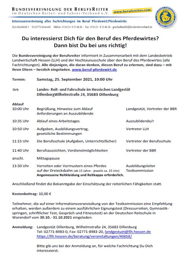 Informationsveranstaltung zur Berufsausbildung zum Pferdewirt am 25.09.2021 in Dillenburg